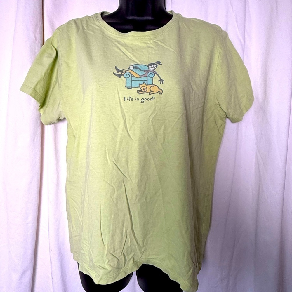 Life is Good Women's Sz L Short Sleeve Green Tee Do what you Like Coffee & Pup